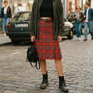 No Label Plaid Pleated Midi Skirt Vintage Tartan Schoolgirl Academic Red Medium